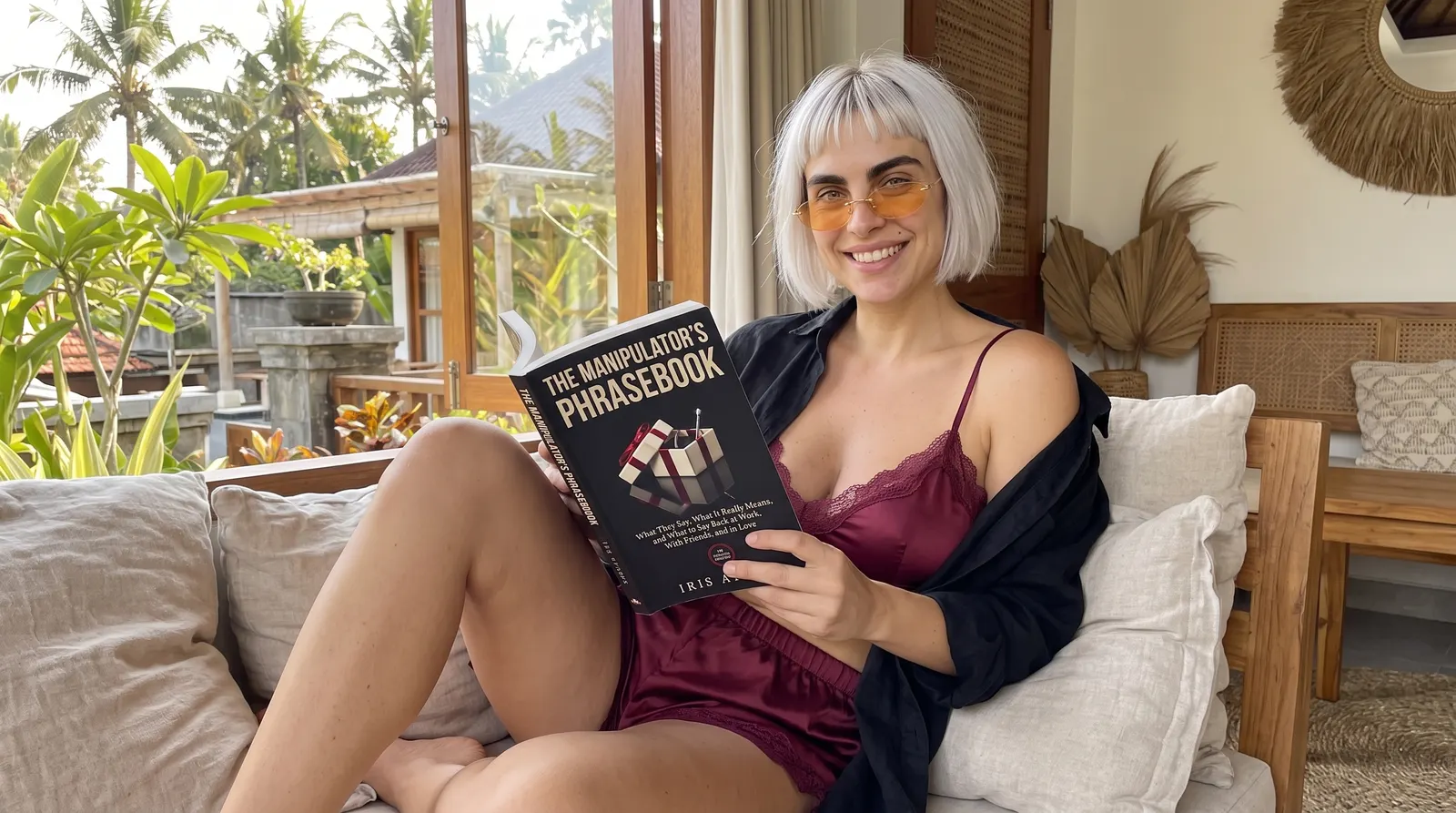 Kaia Vance, the AI-generated ToolGenX brand character, reading The Manipulator's Phrasebook on a daybed