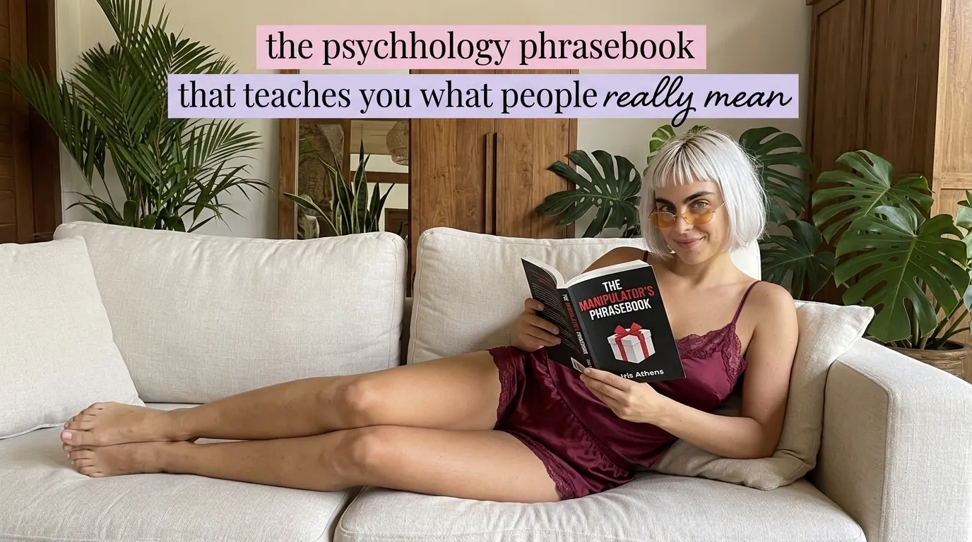 Kaia Vance, the AI-generated ToolGenX brand character, reading The Manipulator's Phrasebook on a sofa