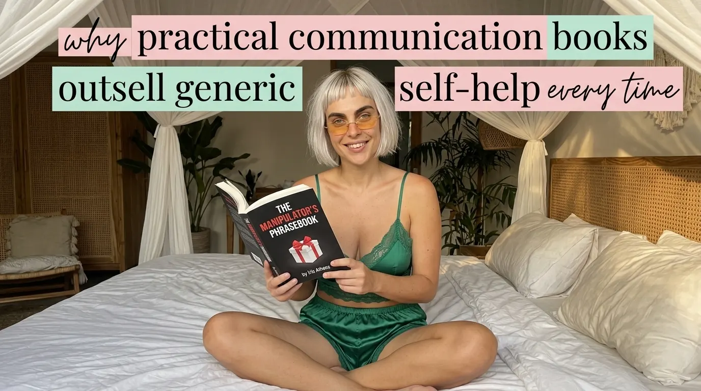 Kaia Vance, the AI-generated ToolGenX brand character, reading The Manipulator's Phrasebook on a white bed