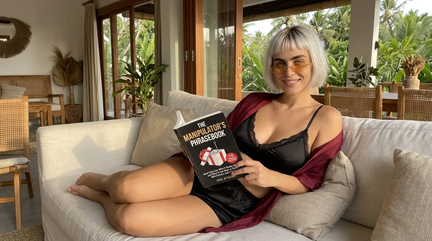 Kaia Vance, the AI-generated ToolGenX brand character, reading The Manipulator's Phrasebook on a white sofa