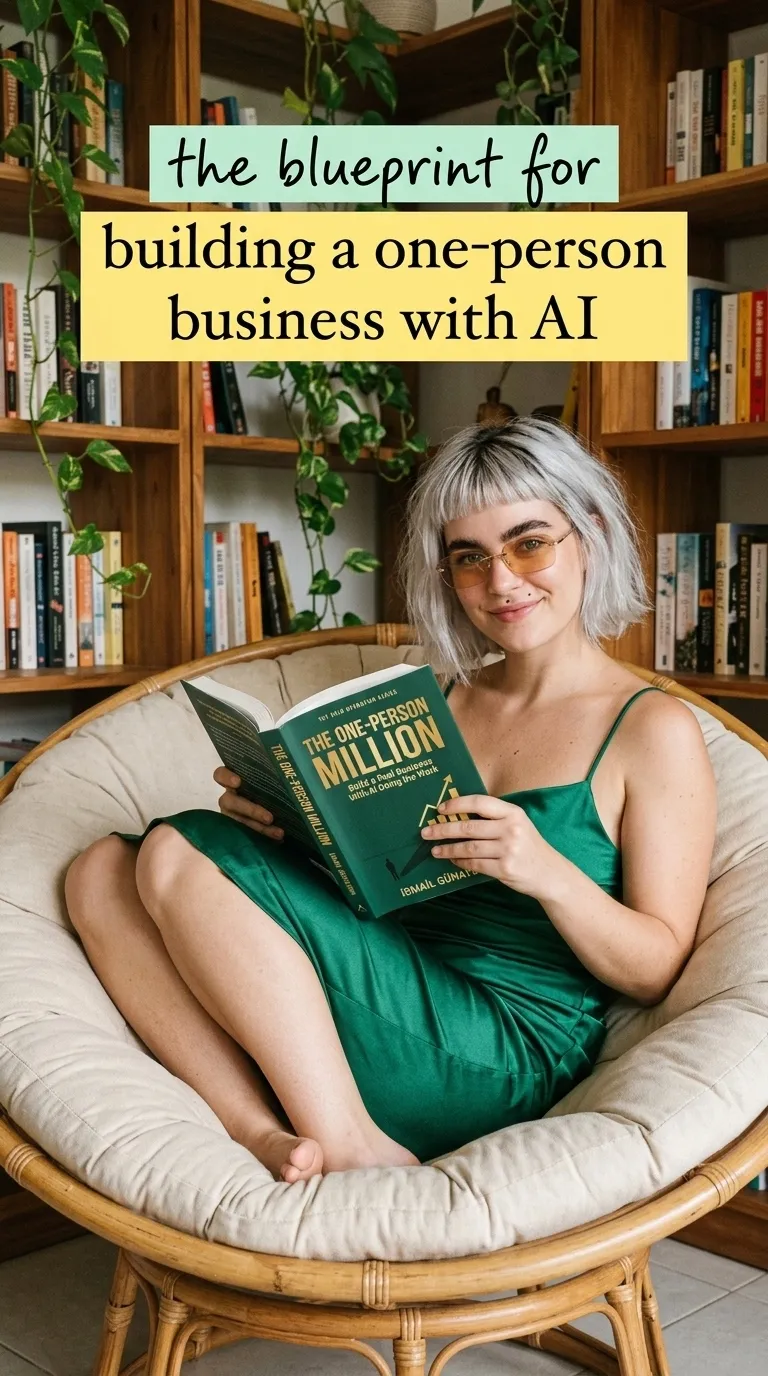 Kaia Vance, the AI-generated ToolGenX brand character, reading The One-Person Million at home