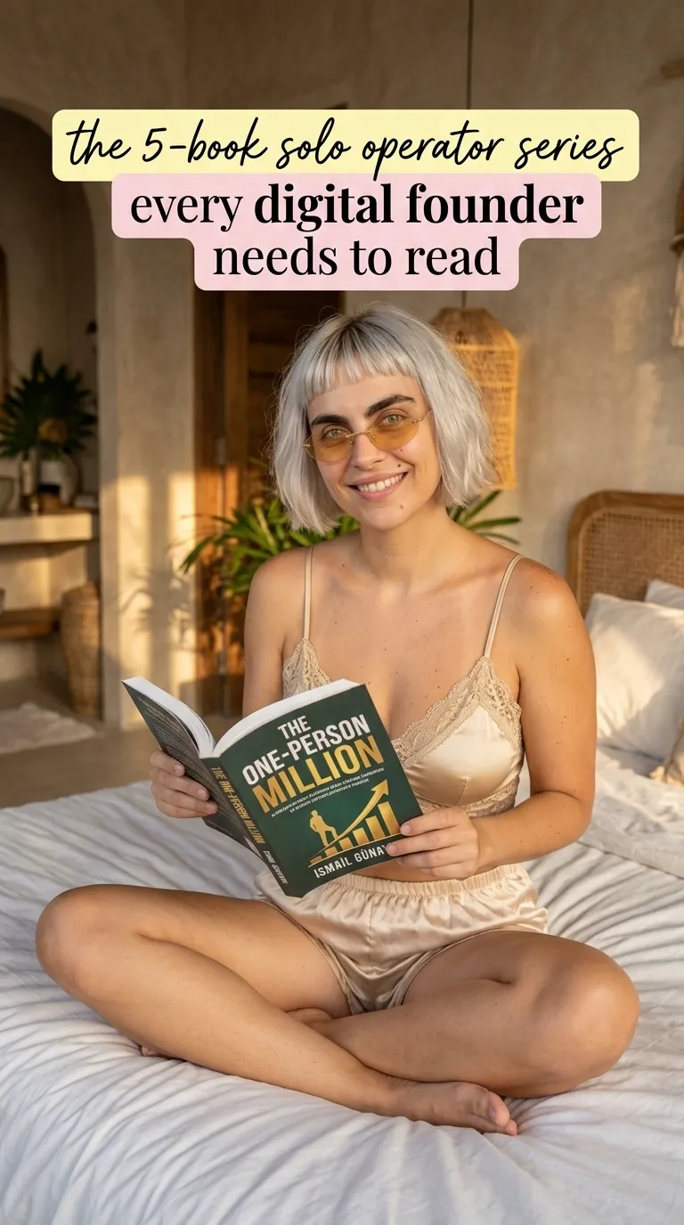 Kaia Vance, the AI-generated ToolGenX brand character, reading The One-Person Million in bed