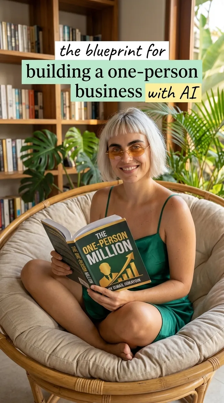 Kaia Vance, the AI-generated ToolGenX brand character, reading The One-Person Million in a chair
