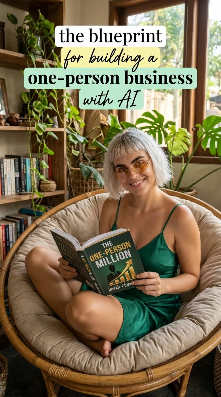 Kaia Vance, the AI-generated ToolGenX brand character, reading The One-Person Million in a chair