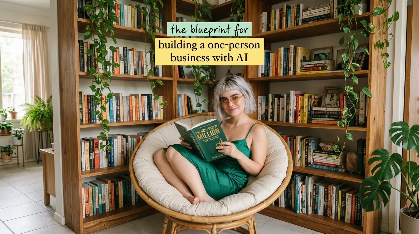 Kaia Vance, the AI-generated ToolGenX brand character, reading The One-Person Million by bookshelves