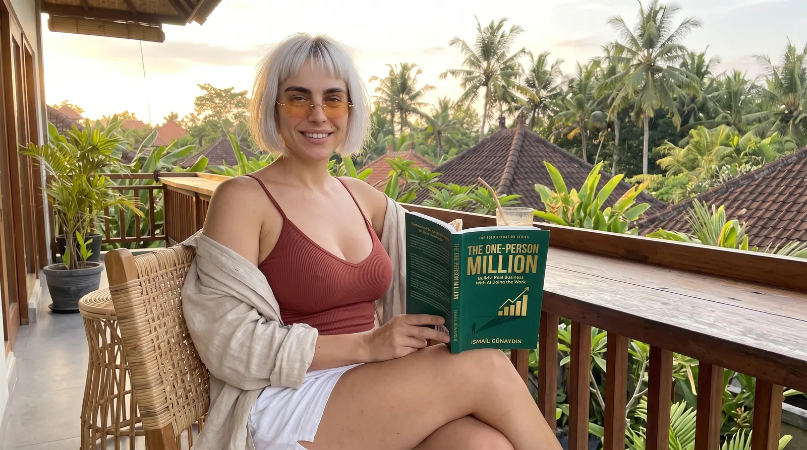 Kaia Vance, the AI-generated ToolGenX brand character, reading The One-Person Million on a balcony