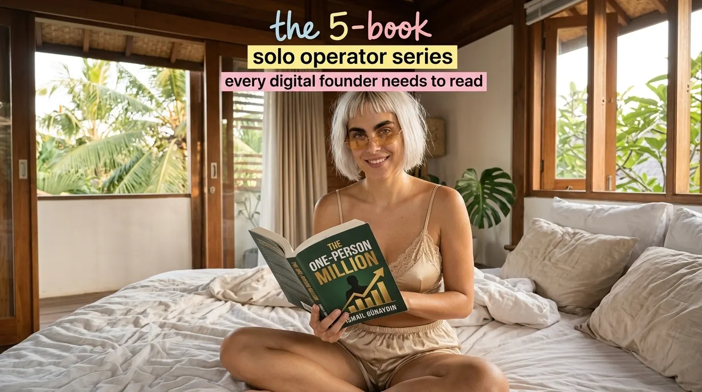 Kaia Vance, the AI-generated ToolGenX brand character, reading The One-Person Million on a bed