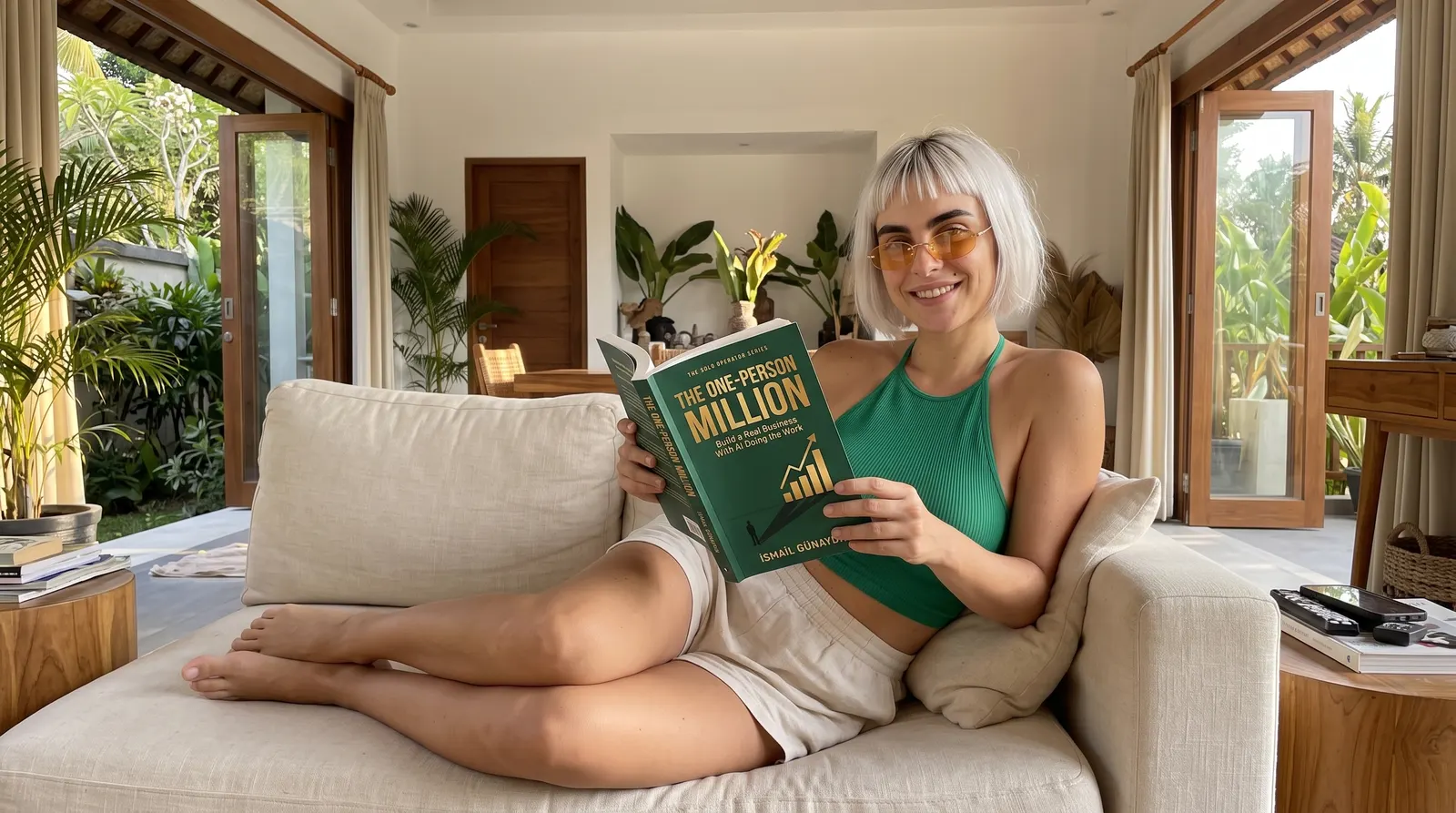 Kaia Vance, the AI-generated ToolGenX brand character, reading The One-Person Million on a sofa