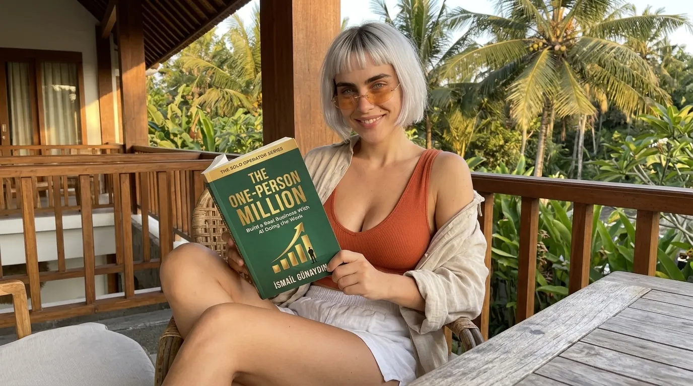 Kaia Vance, the AI-generated ToolGenX brand character, reading The One-Person Million on a veranda