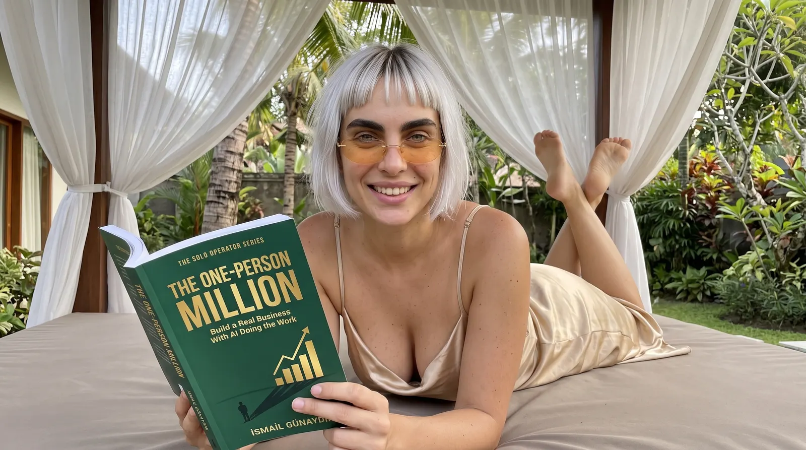 Kaia Vance, the AI-generated ToolGenX brand character, reading The One-Person Million on an outdoor daybed