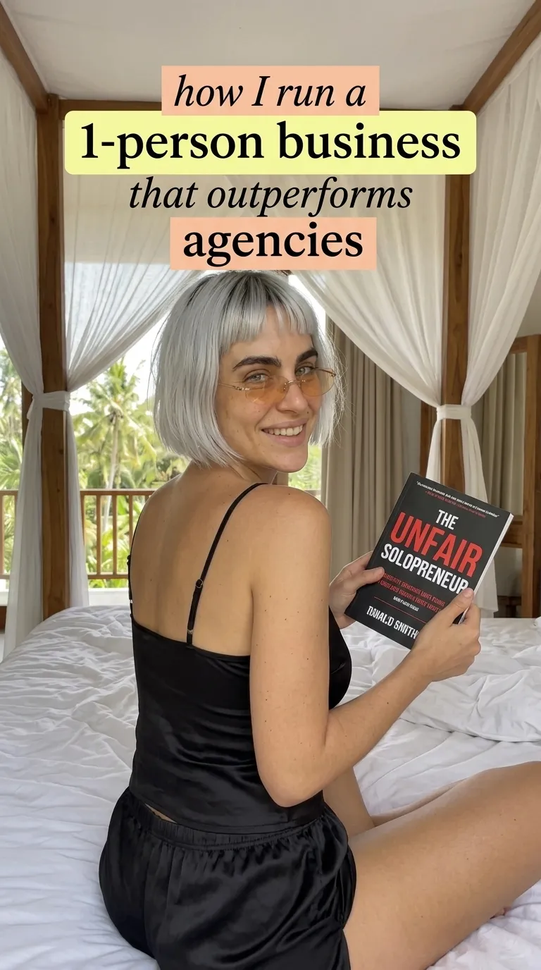 Kaia Vance, the AI-generated ToolGenX brand character, holding The Unfair Solopreneur in a villa