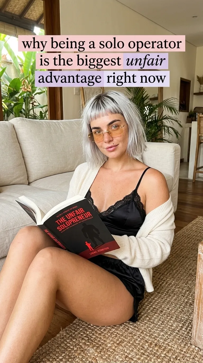 Kaia Vance, the AI-generated ToolGenX brand character, reading The Unfair Solopreneur at home