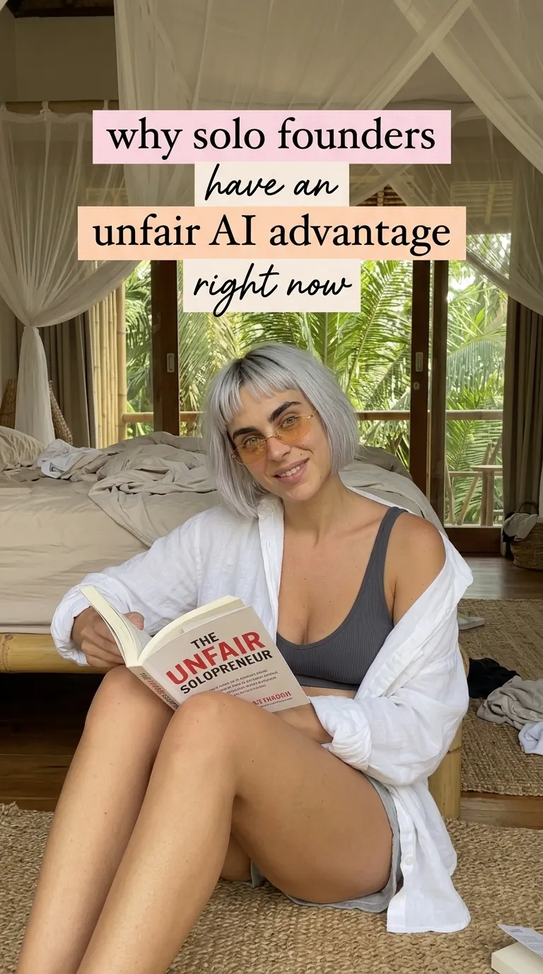 Kaia Vance, the AI-generated ToolGenX brand character, reading The Unfair Solopreneur in a bedroom