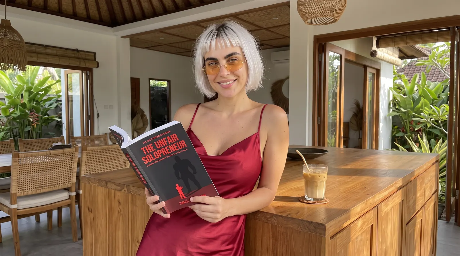 Kaia Vance, the AI-generated ToolGenX brand character, reading The Unfair Solopreneur at a kitchen island