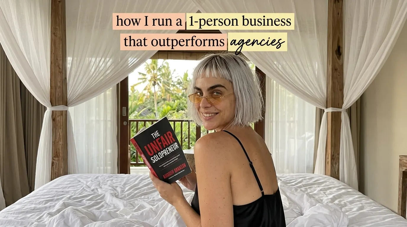 Kaia Vance, the AI-generated ToolGenX brand character, reading The Unfair Solopreneur in a bedroom