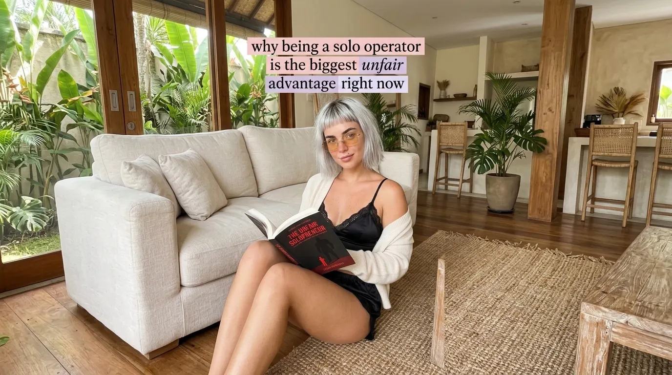 Kaia Vance, the AI-generated ToolGenX brand character, reading The Unfair Solopreneur in a living room