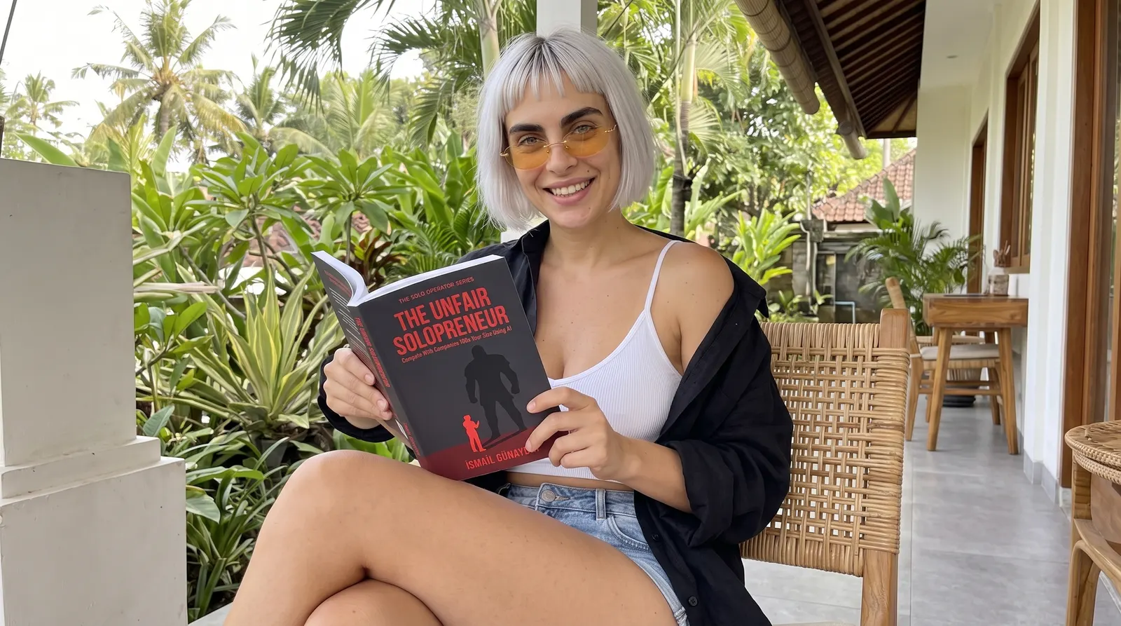 Kaia Vance, the AI-generated ToolGenX brand character, reading The Unfair Solopreneur on a balcony