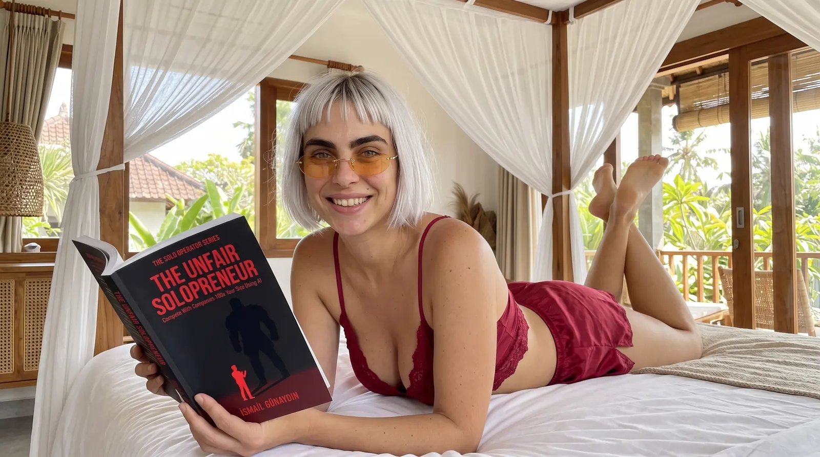 Kaia Vance, the AI-generated ToolGenX brand character, reading The Unfair Solopreneur on a canopy bed