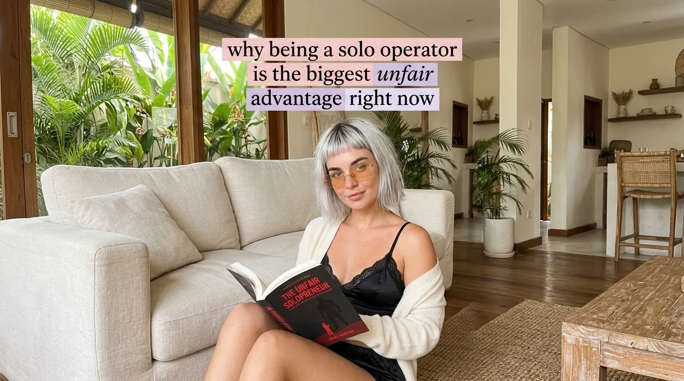 Kaia Vance, the AI-generated ToolGenX brand character, reading The Unfair Solopreneur on a sofa