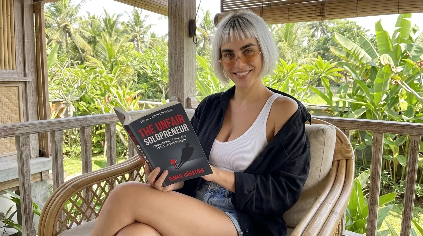 Kaia Vance, the AI-generated ToolGenX brand character, reading The Unfair Solopreneur on a veranda