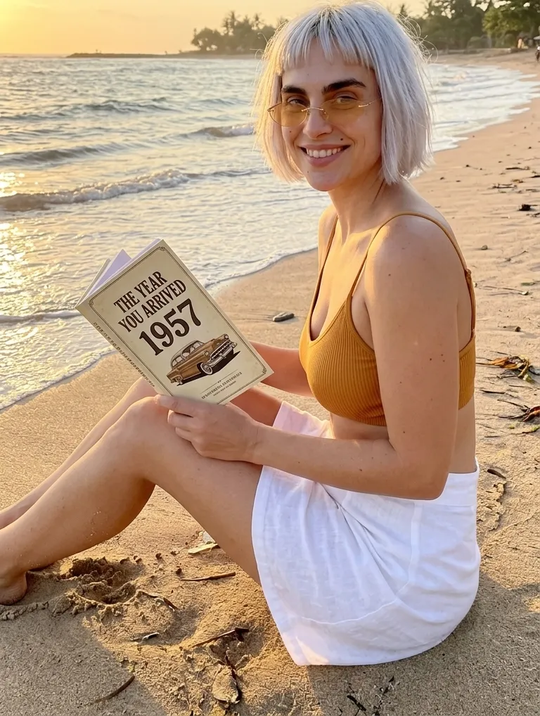 Kaia Vance, the AI-generated ToolGenX brand character, reading The Year You Arrived: 1957 on a beach