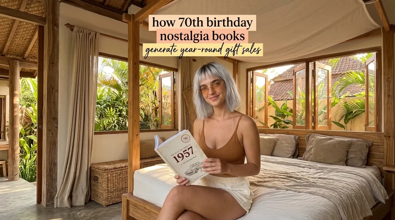 Kaia Vance, the AI-generated ToolGenX brand character, reading The Year You Arrived: 1957 in a bedroom