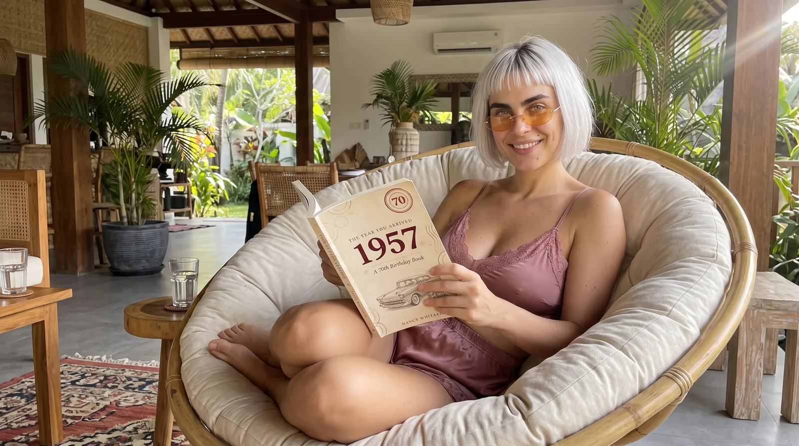 Kaia Vance, the AI-generated ToolGenX brand character, reading The Year You Arrived: 1957 in a papasan chair