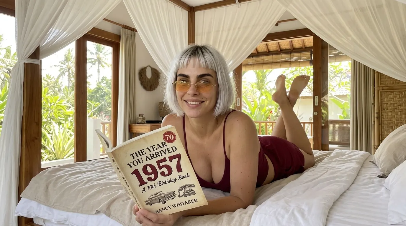 Kaia Vance, the AI-generated ToolGenX brand character, lying down with The Year You Arrived: 1957 on a bed