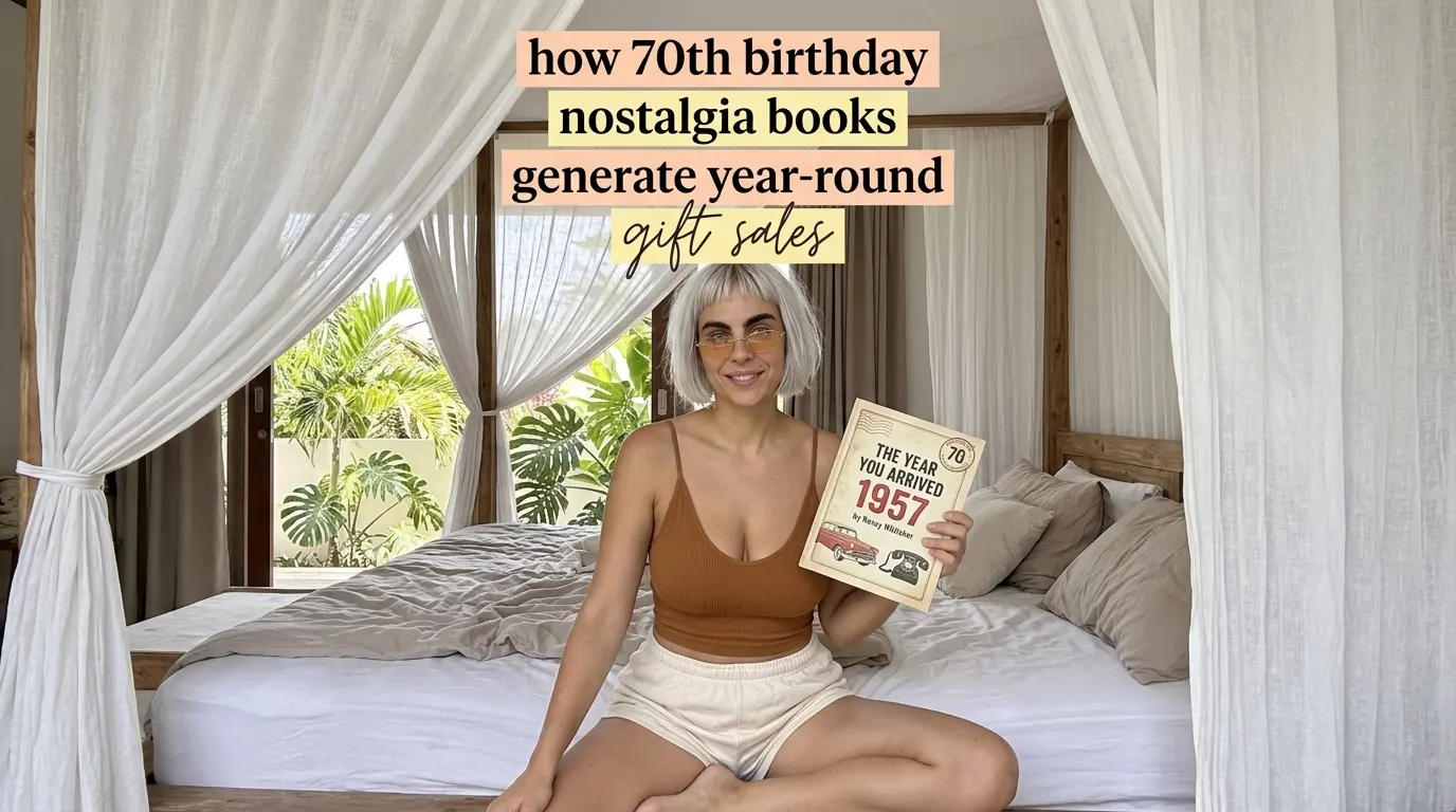 Kaia Vance, the AI-generated ToolGenX brand character, reading The Year You Arrived: 1957 on a canopy bed