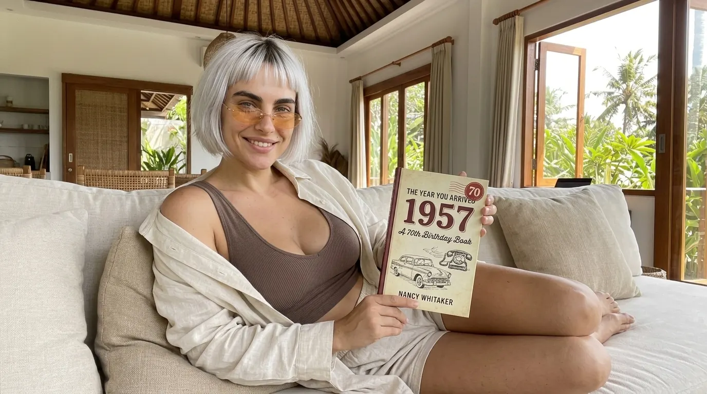 Kaia Vance, the AI-generated ToolGenX brand character, reading The Year You Arrived: 1957 on a cream sofa