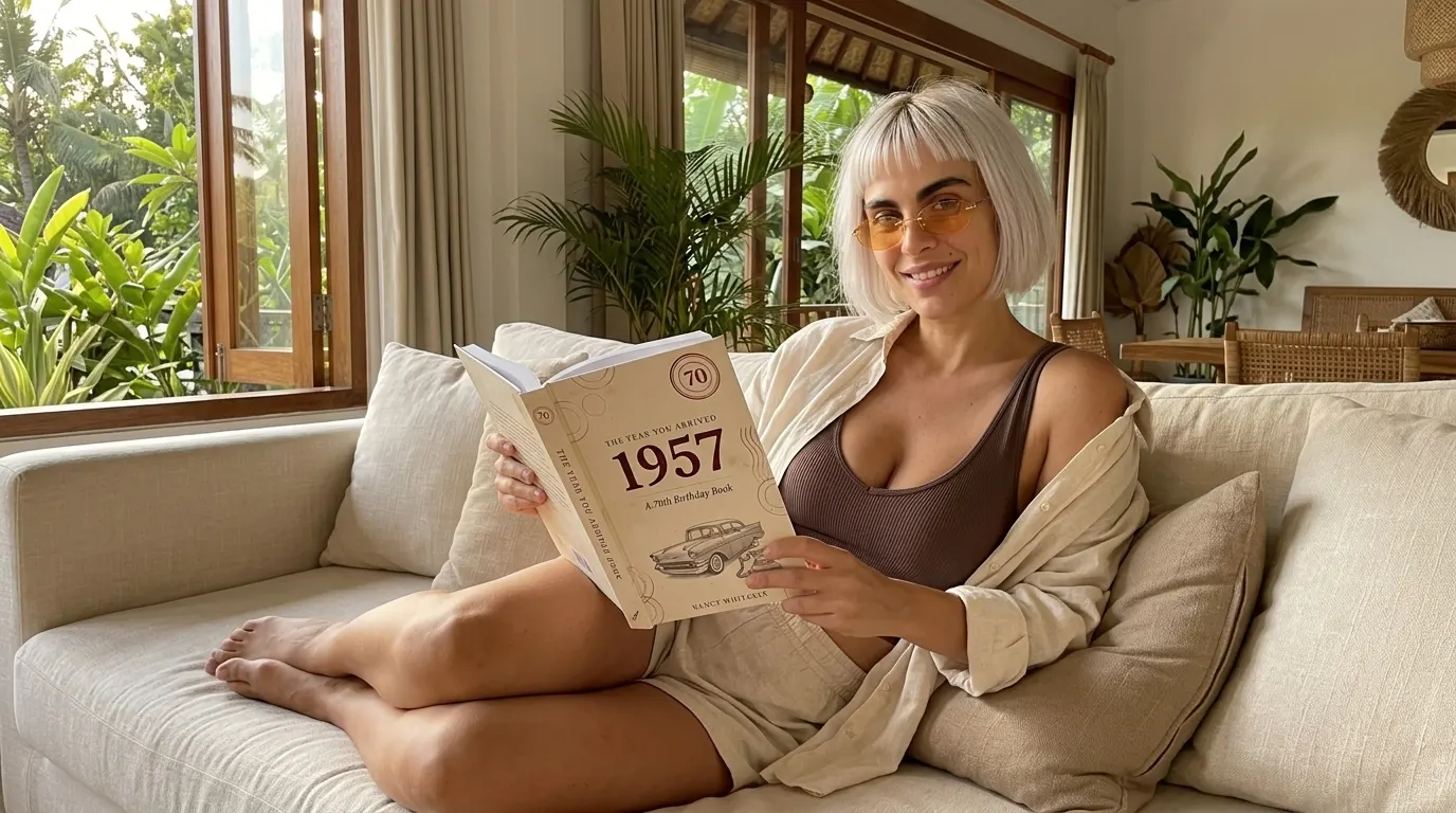 Kaia Vance, the AI-generated ToolGenX brand character, reading The Year You Arrived: 1957 on a sofa