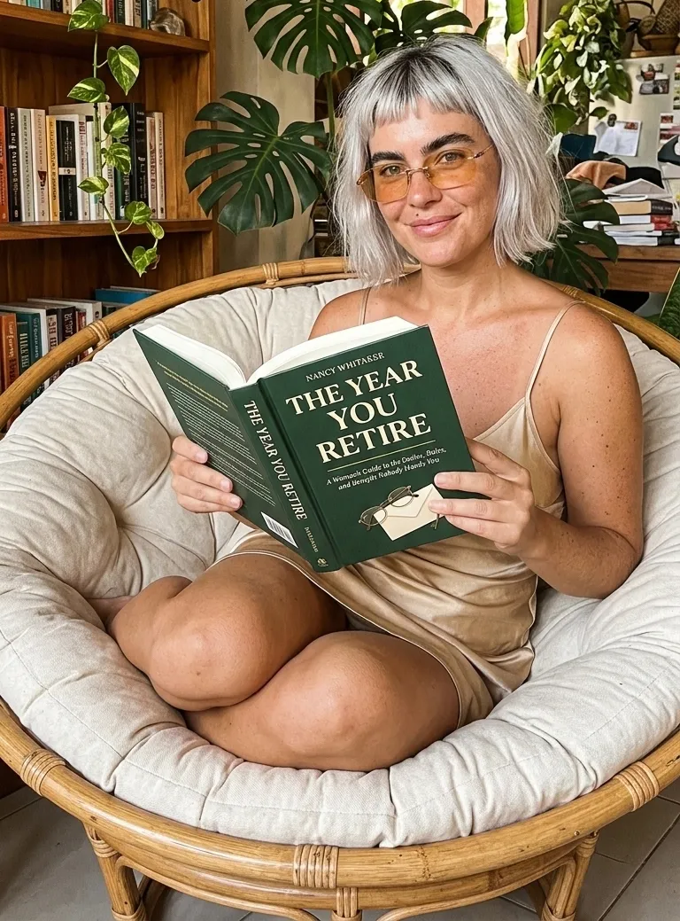 Kaia Vance, the AI-generated ToolGenX brand character, reading The Year You Retire at home