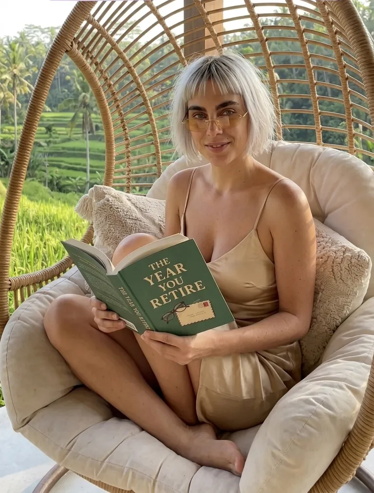 Kaia Vance, the AI-generated ToolGenX brand character, reading The Year You Retire in a chair