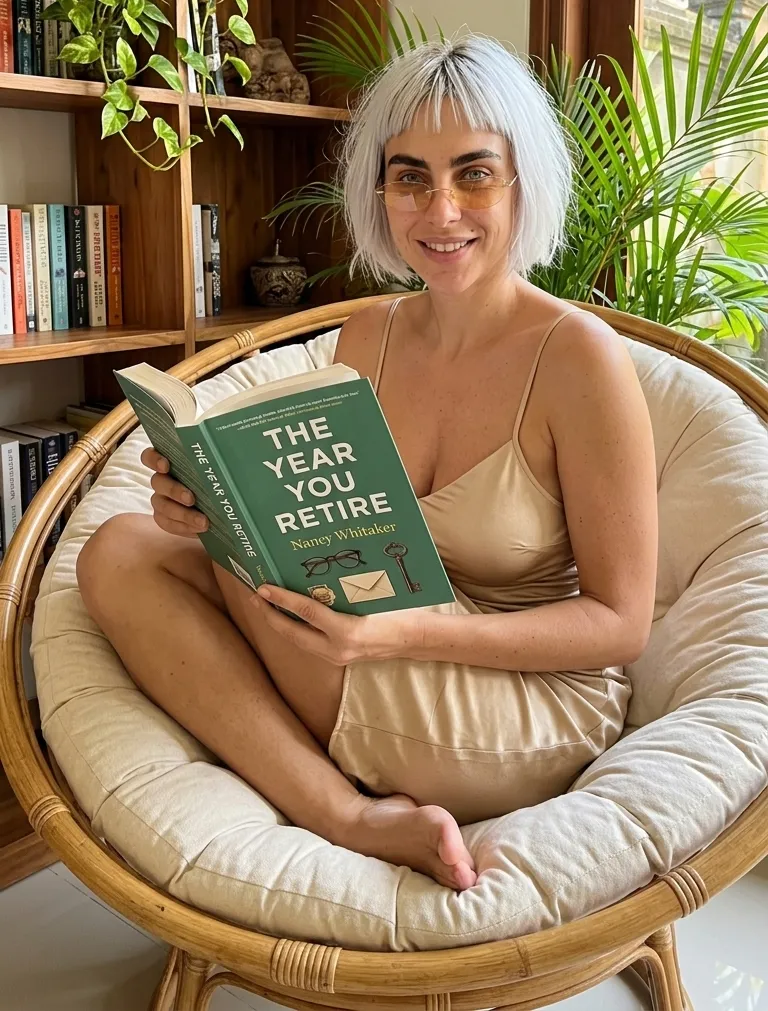 Kaia Vance, the AI-generated ToolGenX brand character, reading The Year You Retire in a chair