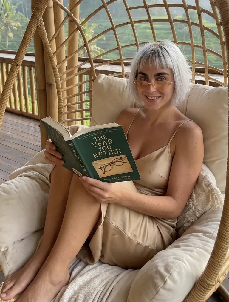 Kaia Vance, the AI-generated ToolGenX brand character, reading The Year You Retire in a chair