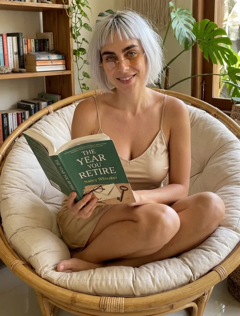 Kaia Vance, the AI-generated ToolGenX brand character, reading The Year You Retire in a chair