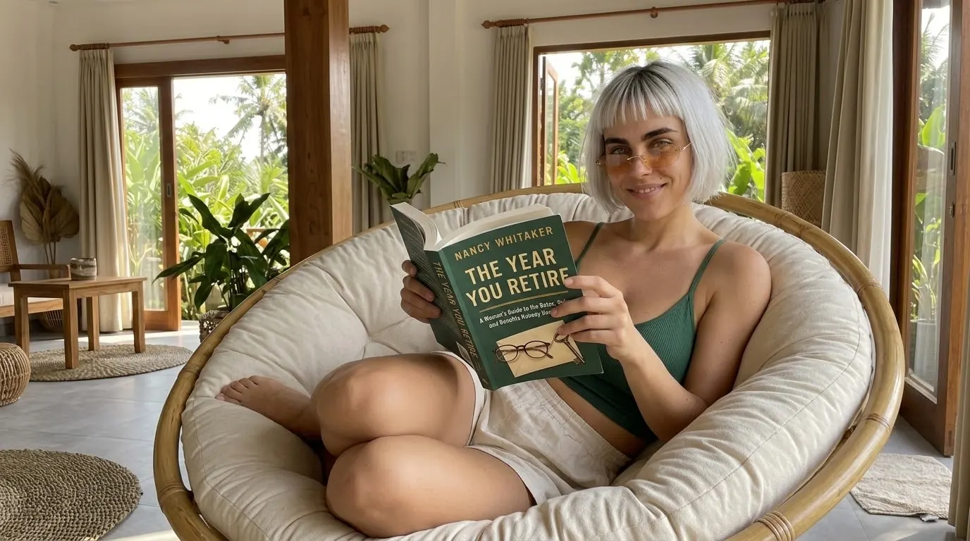 Kaia Vance, the AI-generated ToolGenX brand character, reading The Year You Retire in a cushioned chair
