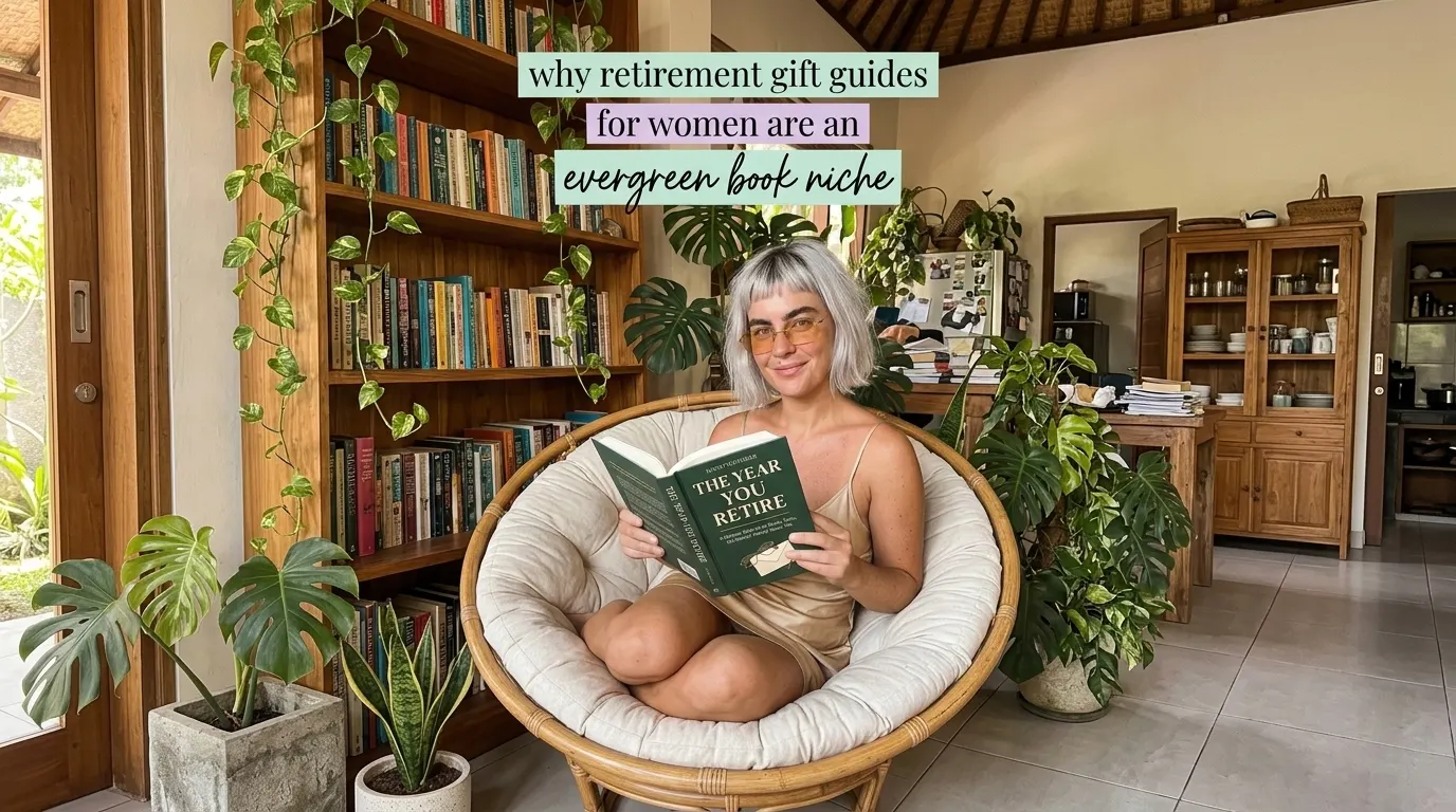 Kaia Vance, the AI-generated ToolGenX brand character, reading The Year You Retire in a papasan chair