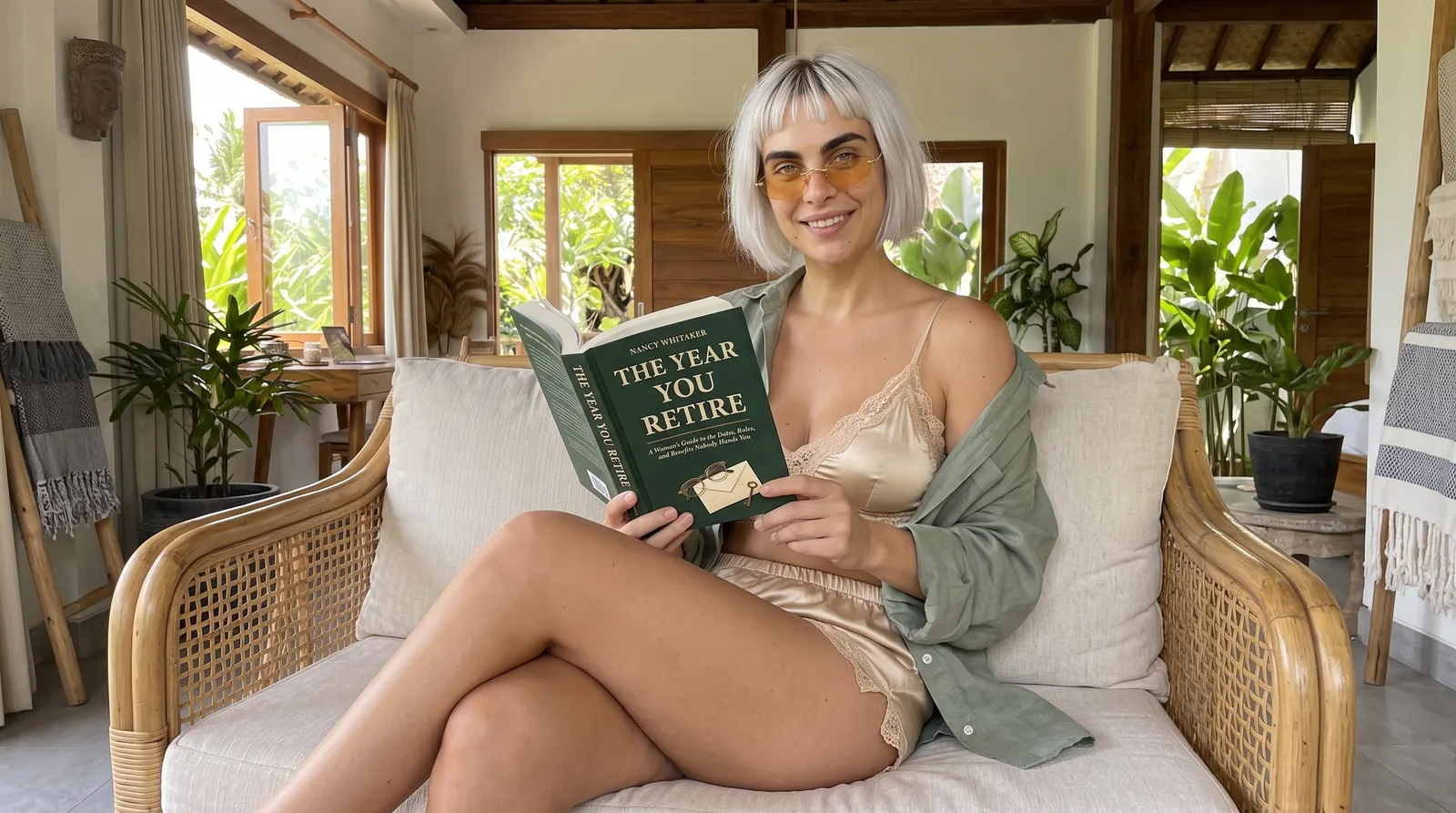 Kaia Vance, the AI-generated ToolGenX brand character, reading The Year You Retire in a rattan chair