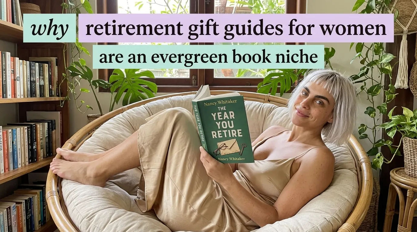 Kaia Vance, the AI-generated ToolGenX brand character, reading The Year You Retire in a round chair