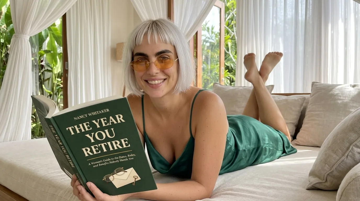 Kaia Vance, the AI-generated ToolGenX brand character, reading The Year You Retire on a daybed