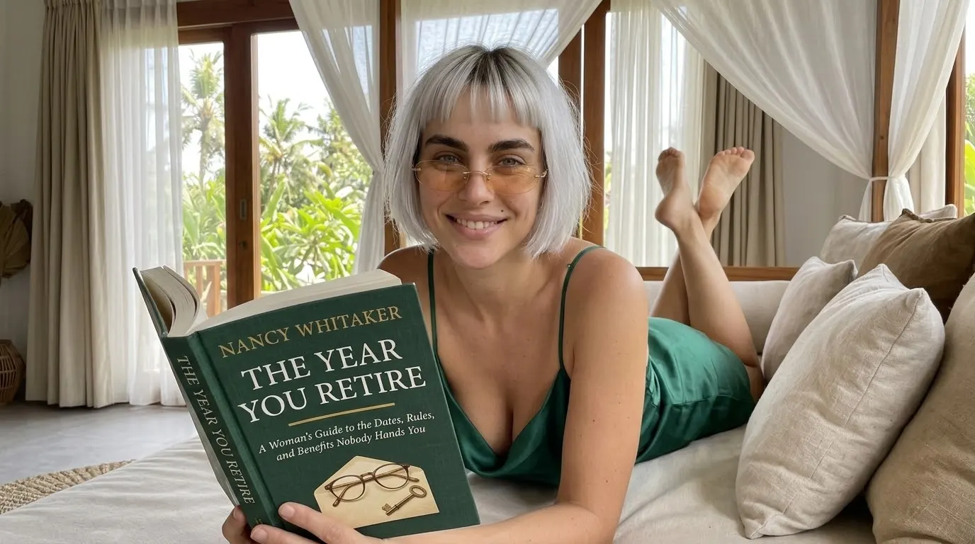 Kaia Vance, the AI-generated ToolGenX brand character, reading The Year You Retire on a sofa