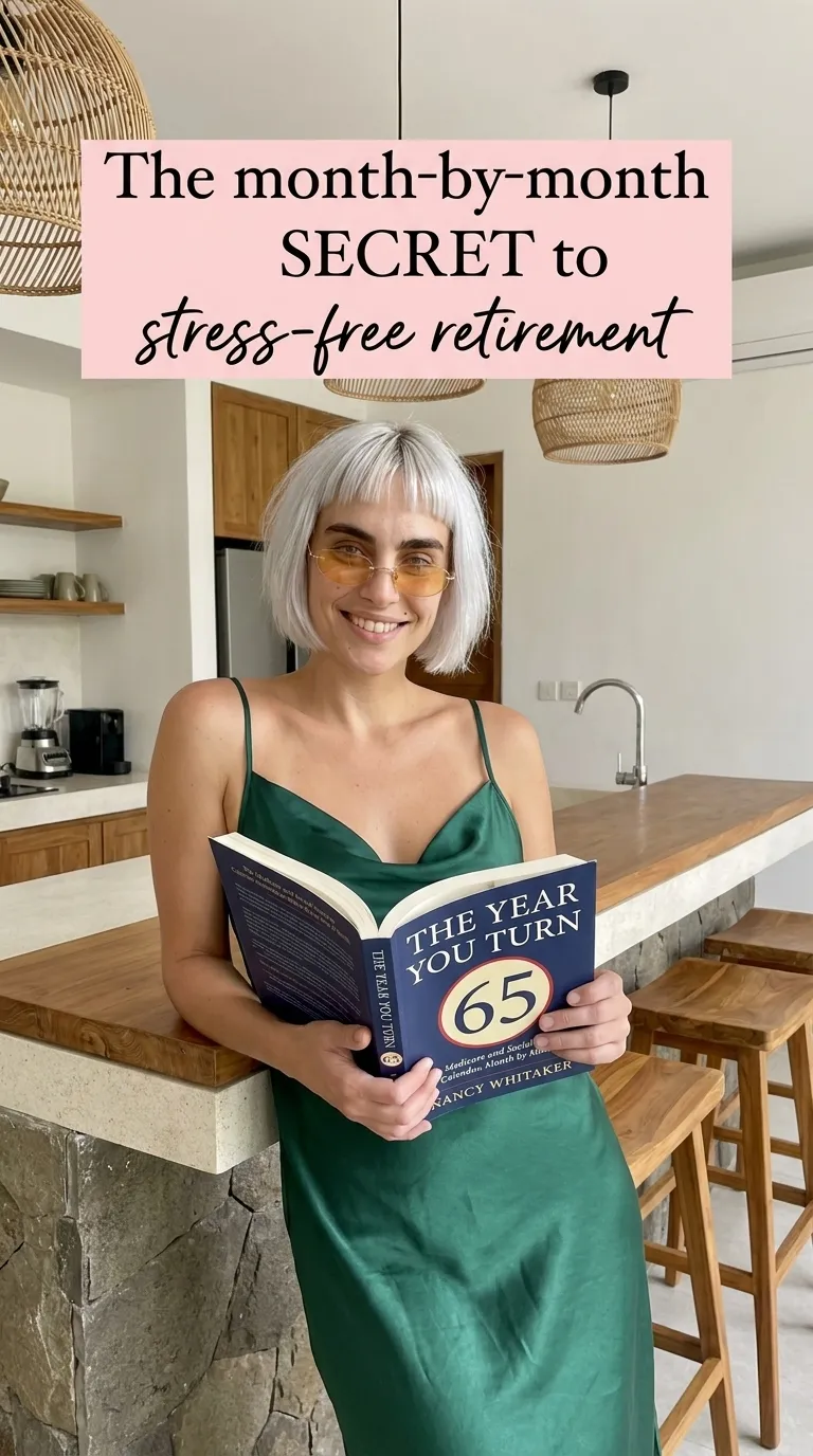 Kaia Vance, the AI-generated ToolGenX brand character, holding The Year You Turn 65 in a kitchen
