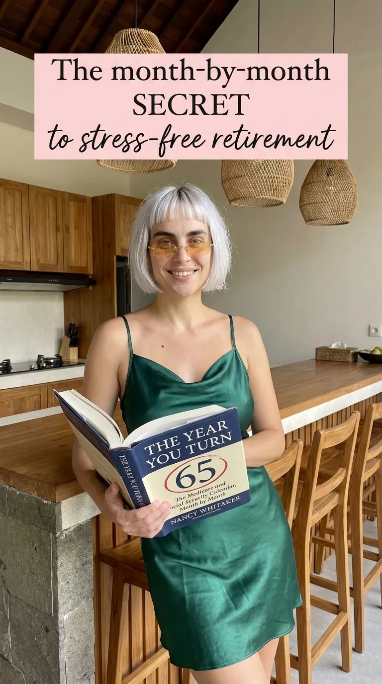 Kaia Vance, the AI-generated ToolGenX brand character, holding The Year You Turn 65 in a kitchen