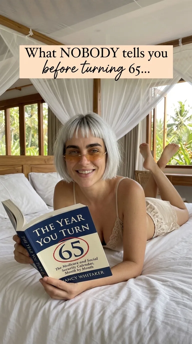 Kaia Vance, the AI-generated ToolGenX brand character, lying down with The Year You Turn 65 on a bed
