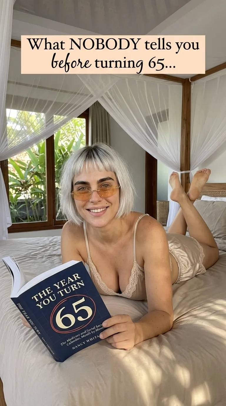 Kaia Vance, the AI-generated ToolGenX brand character, reading The Year You Turn 65 at home