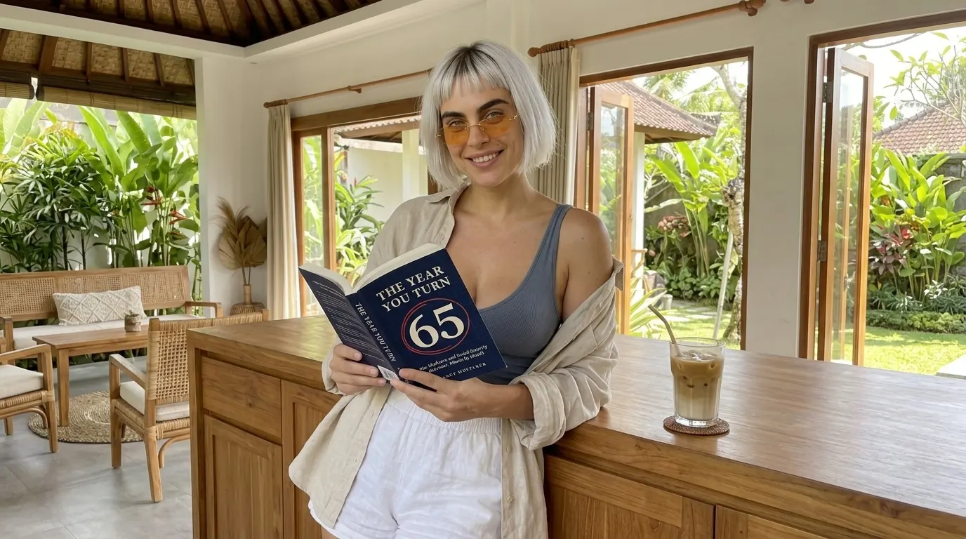 Kaia Vance, the AI-generated ToolGenX brand character, reading The Year You Turn 65 at a kitchen island