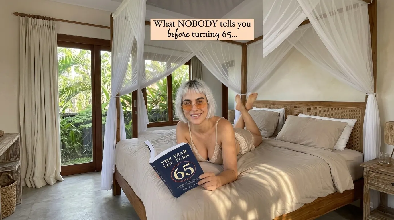 Kaia Vance, the AI-generated ToolGenX brand character, reading The Year You Turn 65 on a bed