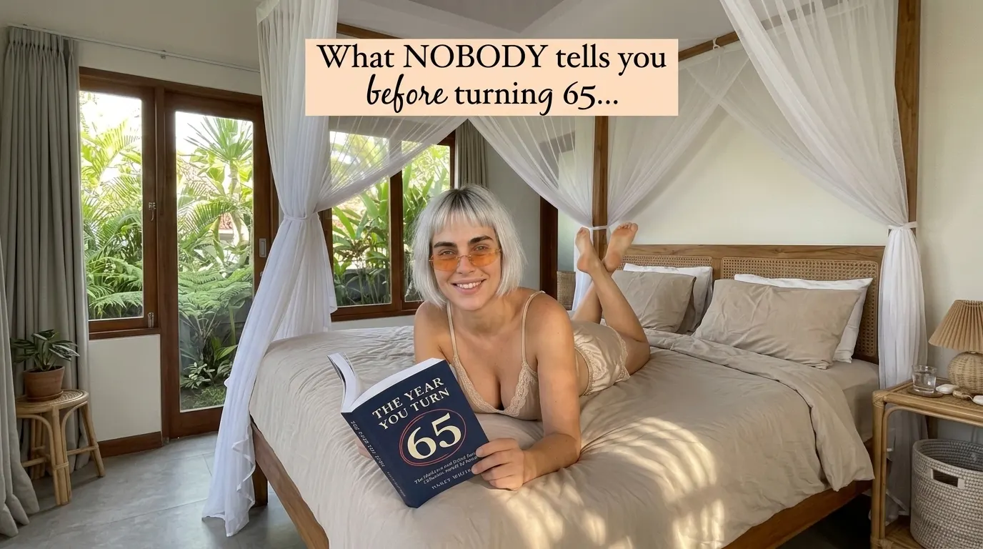 Kaia Vance, the AI-generated ToolGenX brand character, reading The Year You Turn 65 on a canopy bed
