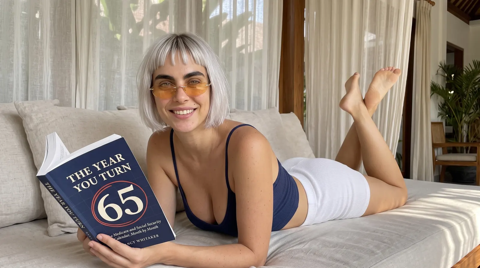 Kaia Vance, the AI-generated ToolGenX brand character, reading The Year You Turn 65 on a daybed